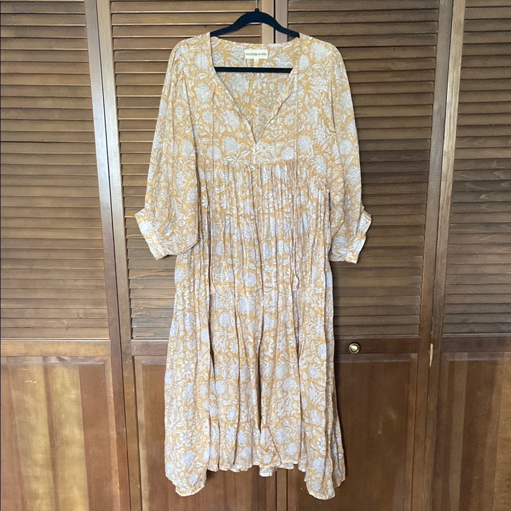 Daughters of India Cream Maxi Dress with Ruffled Tiers and Bishop Sleeves